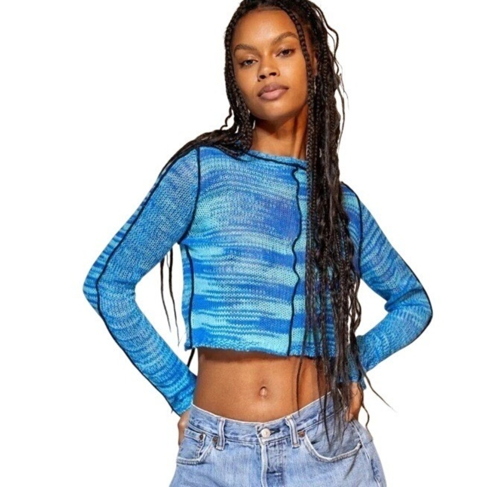 The Ragged Priest | Blue Space Dye Knit Crop Top Exposed Seam Sweater | Medium
